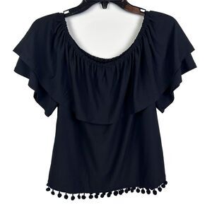 Kensie Flounce Ruffled Off the Shoulder Pom Pom Trim Black Top Shirt Women's S